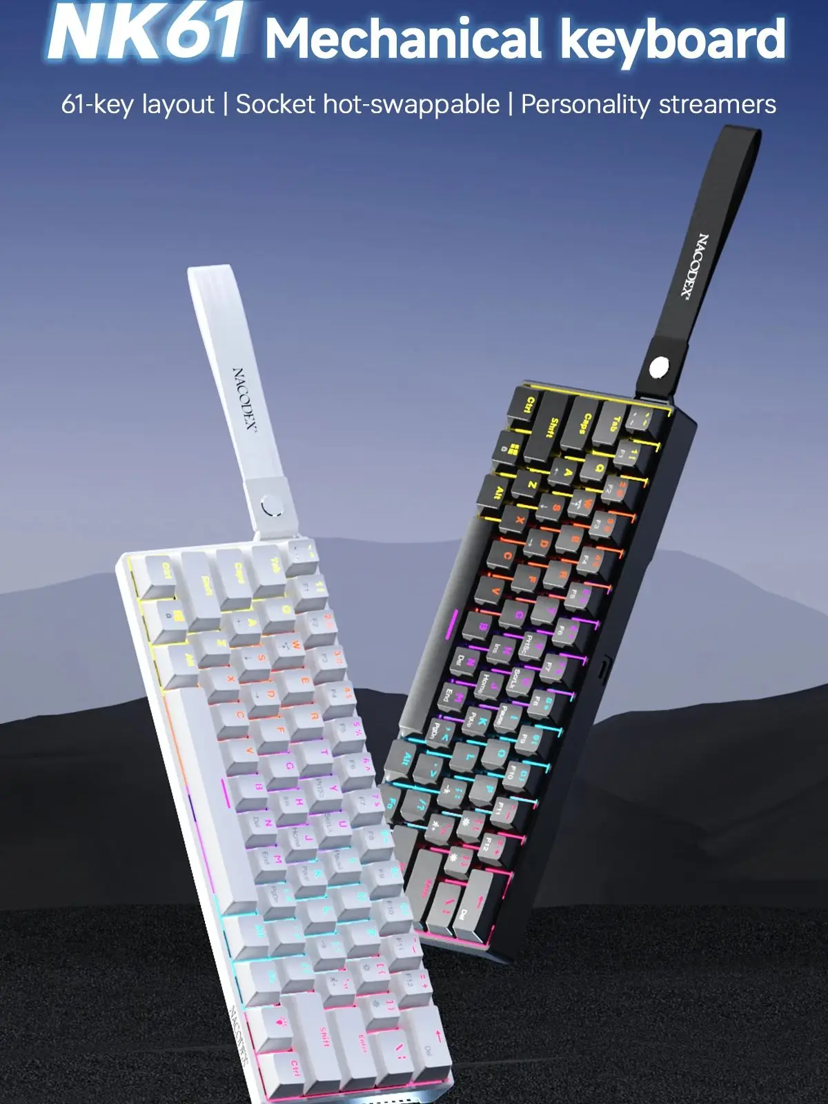 AJAZZ NK61 Kabelgebundene mechanische Gaming-Tastatur 60 % RGB Hot-Swap-fähige 61 Tasten roter Schalter Mini-Tastatur für Gamer-PC