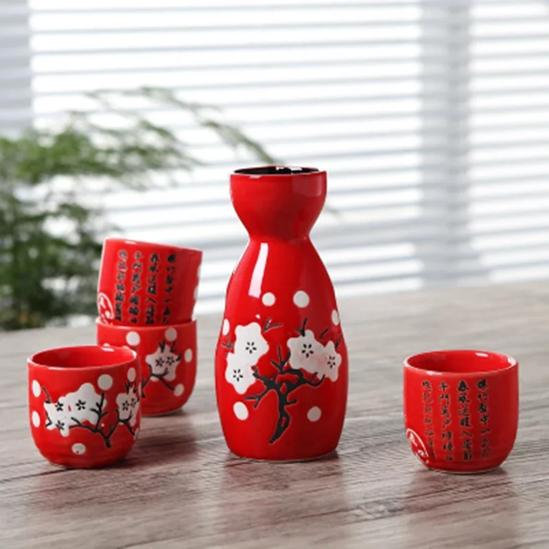 5pcs/set Ceramic Sake Pot Cups Set Flagon Liquor Cup Spirits Cups Set Japanese Bar Wine Set Flower Text Pattern Creative Gifts