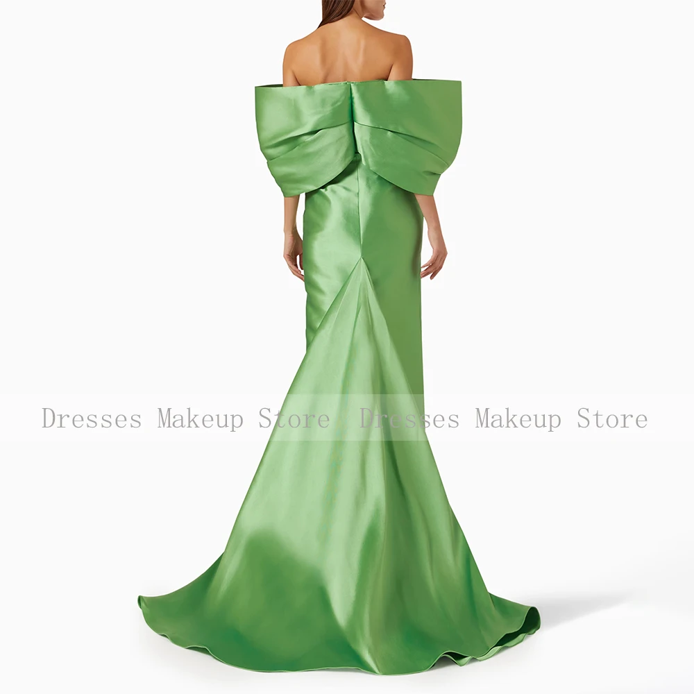 Bud Green Wedding Guest Dresses for Women Off the Shoulder Column Evening Gowns Maxi Satin Sheath Sweep Train Simple Prom Gown