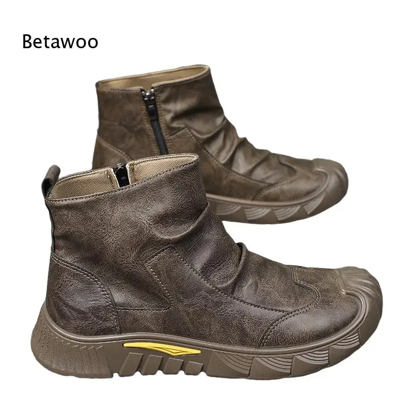 Trendy Rugged-Lug-Sole Wear-Resistant Soft-Genuine-Leather Short Boots