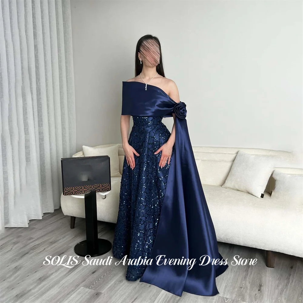 

SOLIS Navy Blue Prom Dresses Off the Shoulder Evening Dresses Sequins Embroidery Party Dress Flower Robe De Soirée Customized