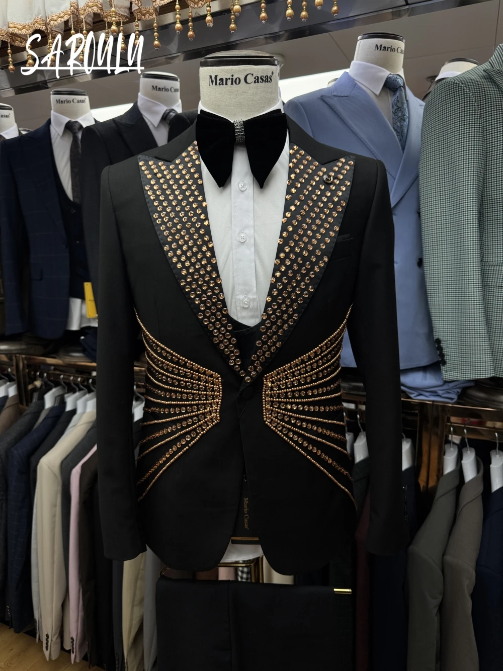 Celebrity Golden Rhinestones Men's Suit Customized Hot Sale Single Breasted Handsome Formal Banquet Jacket Vest Pants Groom Wear