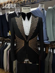 Celebrity Golden Rhinestones Men's Suit Hot Sale Single Breasted Handsome Tuxedo Formal Banquet Jacket Vest Pants Groom Wear