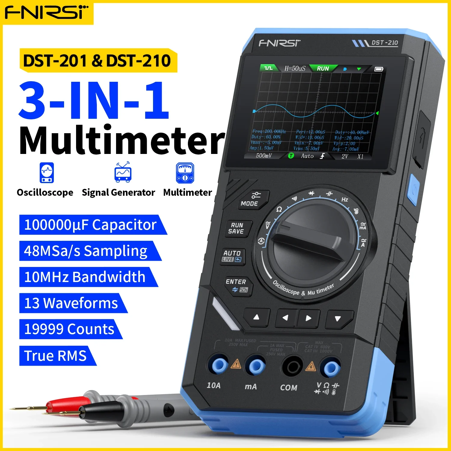 

FNIRSI DST-210 3-in-1 Digital Oscilloscope Multimeter 19999 Counts 10MHz 48Msps Portable Automotive Oscilloscope Electrical Tool