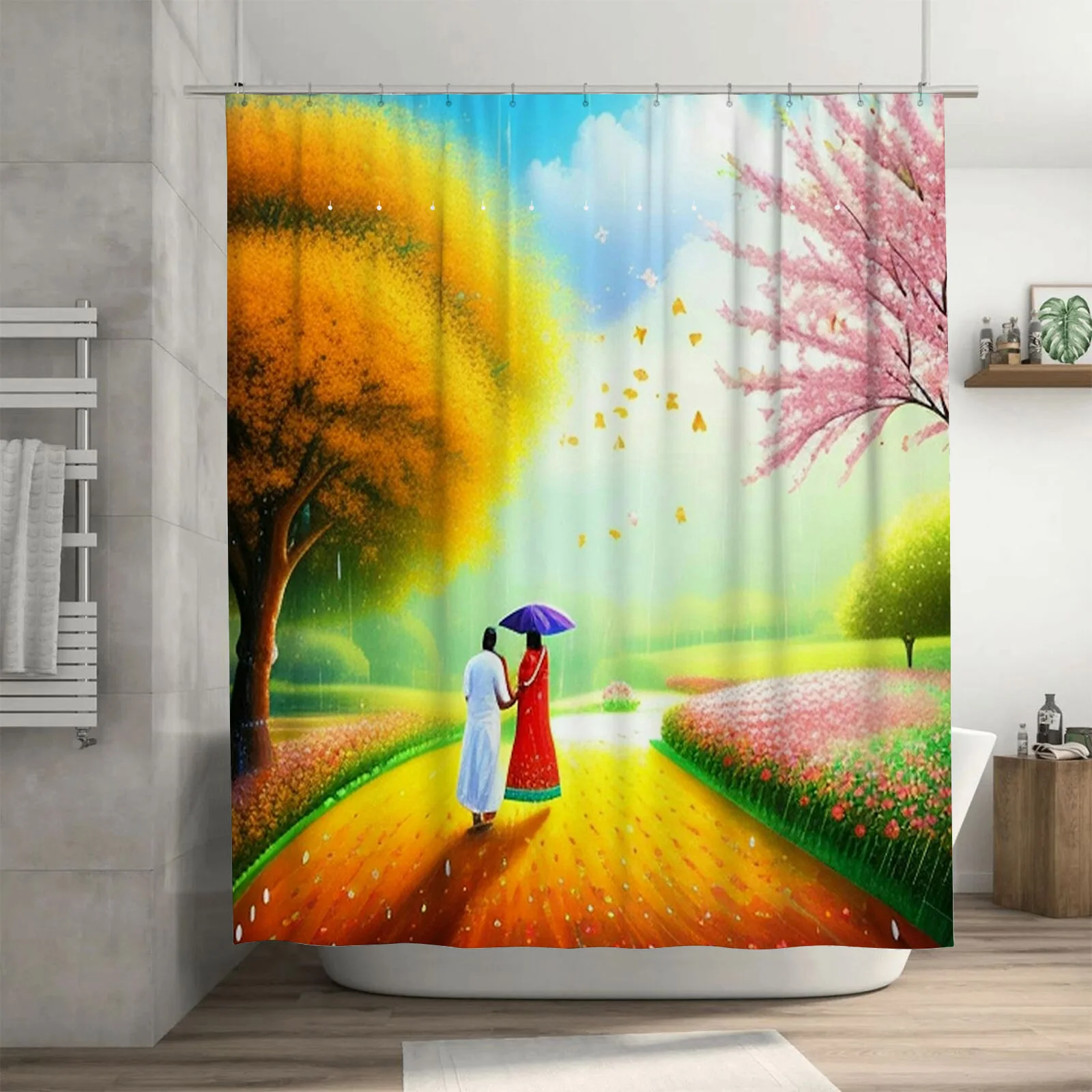 

Романтическая прогулка в весенней занавеске для душа | Художественный декор ванной комнаты