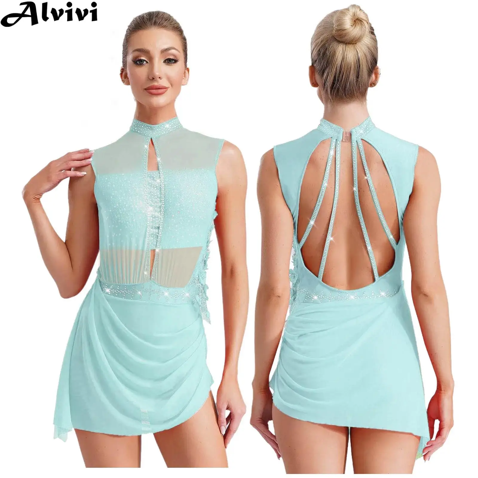 

Женское платье для фигурного катания, современное лирическое танцевальное гимнастическое акробатическое платье без рукавов со стразами, сетчатое трико-пачка с аппликацией