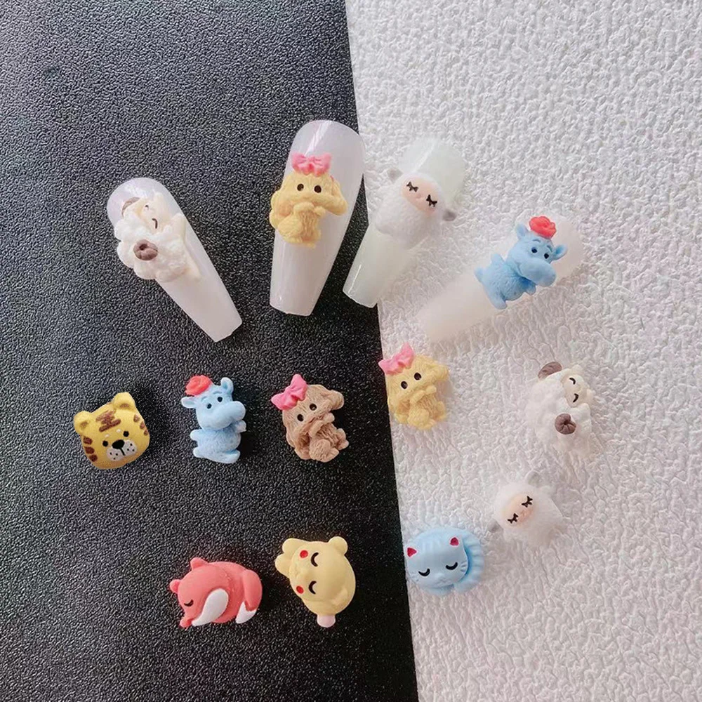 10Pcs Cartoon Bear Pats Nails Art Decorations Resin Cloud Animal Lazy Cat Dancing Hippo Forest Tiger Kawaii Nails Accessories S1