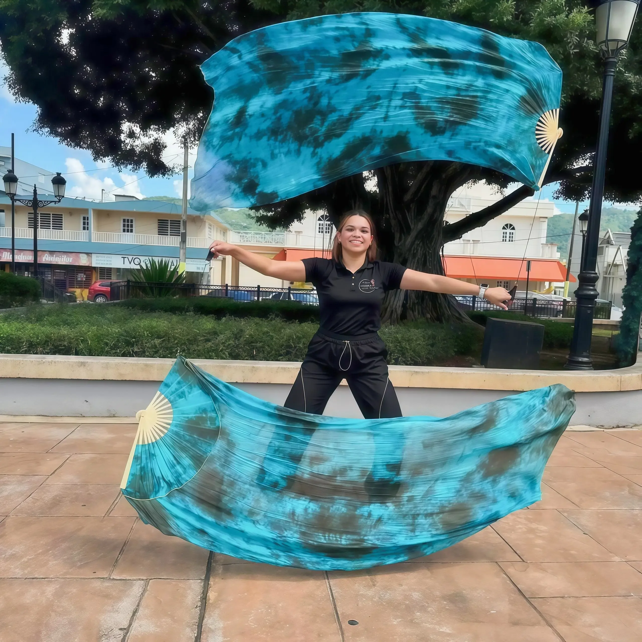 100% 실크 부채, 댄스용 접이식 실크 부채, 중국식 그라데이션 수제 염색 부채, 타이다이 로프 스윙 부채 1쌍