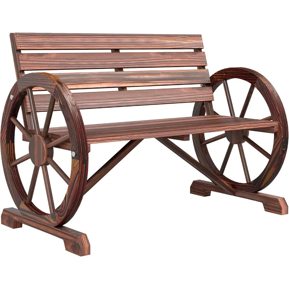

Wooden Wagon Wheel Bench Rustic Outdoor Patio 2 Person Seat with Backrest Carbonized Weather Resistant
