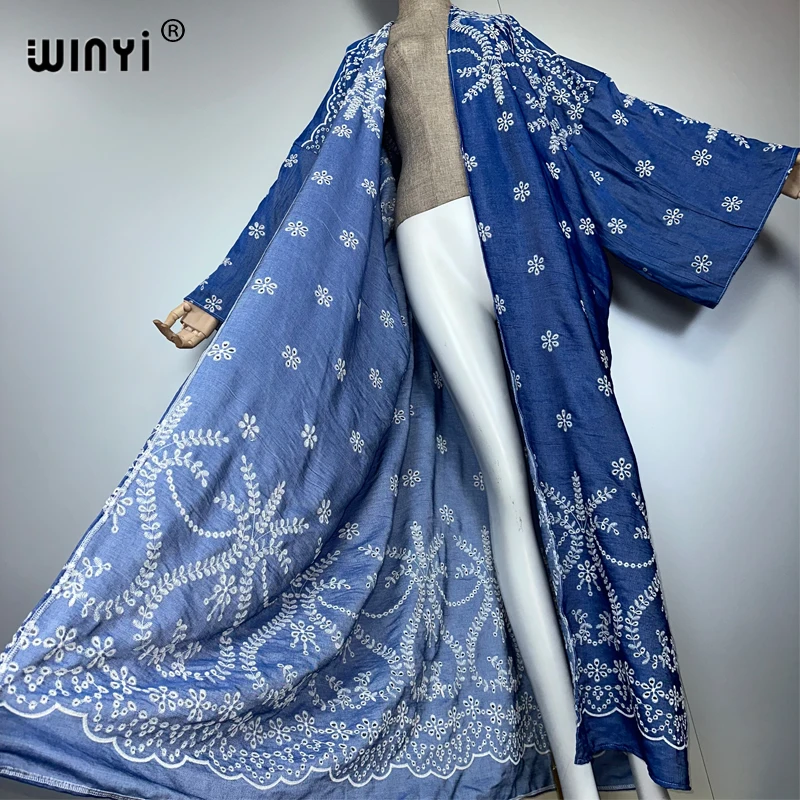WINYI bestickte Denim-Hohlstrickjacke für Damen, Mantel, langes Kleid, elegante Party, Boho, Maxi, Strand, Urlaub, Schwimmen, Vertuschung, Kimono