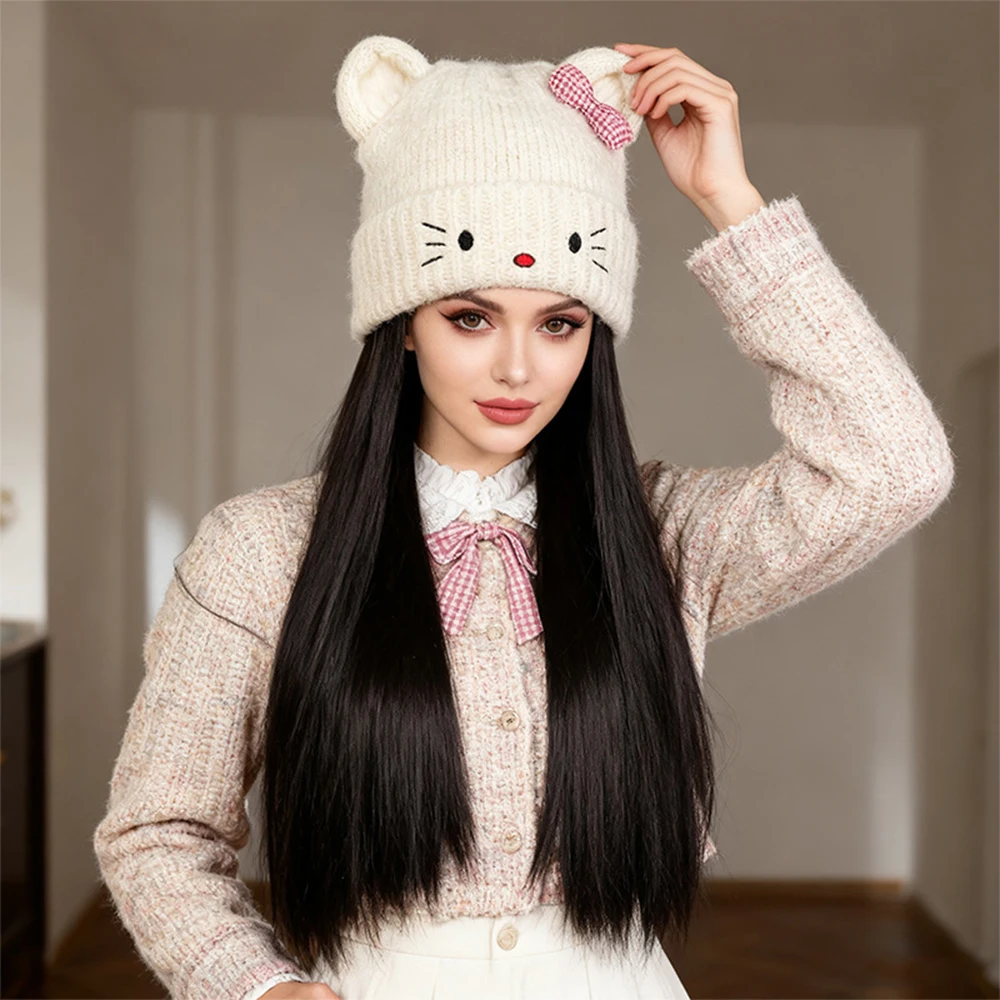 Synthetic Hat Wig Pom-Pom Knitted Hat with Long Straight Hair Suitable for Women to Wear During Autumn Winter Everyday Use