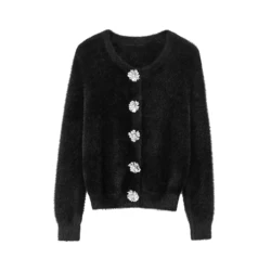 Autumn New Women's Clothing Style Simple and Loose Artificial Fur Effect Round Neck Long Sleeve Knitted Coat 9598194
