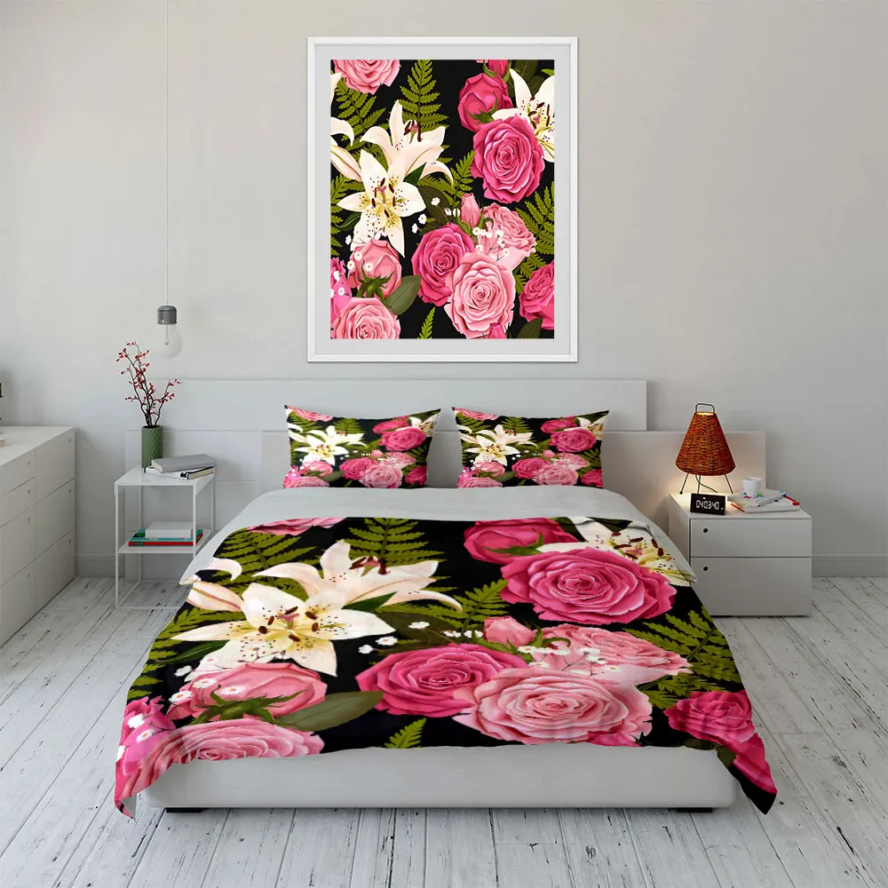 Pink Roses and White Lilies Bedding Set for Kids Luxury Gift 3pcs Digital Print Comforter Set Soft Comfortable Breathable