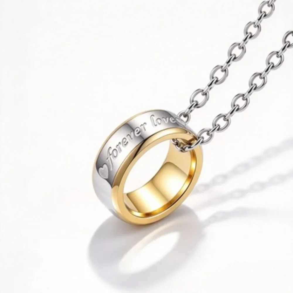 Stainless Steel Forever Love Pendant Necklace for Men Women Two-tone Love Heart Engraved Wedding Jewelry Gift