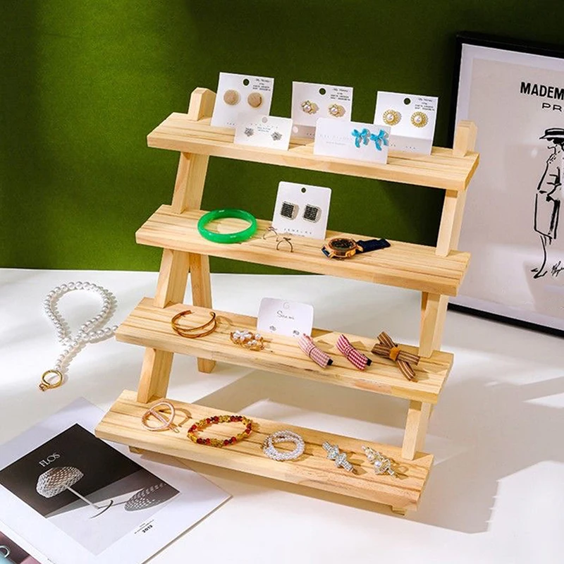 2/3/4 Tiers Ear Stud Holder Wooden Jewelry Dispaly Stand Shelf Cupcake Makeup Mini Figure Organizer Showcase Rack