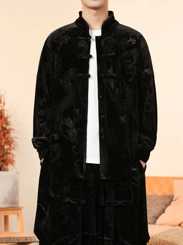 

Мужская бархатная куртка, осенне-зимняя модная традиционная китайская одежда, свободная молодежная верхняя одежда с рисунком дракона и вышивкой