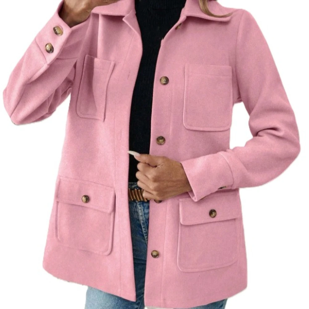 Womens Trench Coat Featuring Solid Design Lapel Collar Four Pockets Thickened Wool Blend and Medium Stretch Fabric