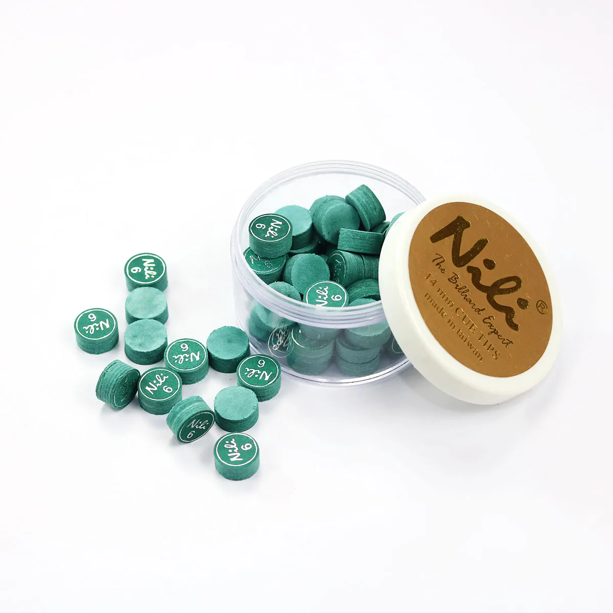 puntali-per-stecca-da-biliardo-nili-premium-a-6-strati-colore-blu-pavone-14mm-50-pezzi-scatola-in-vendita