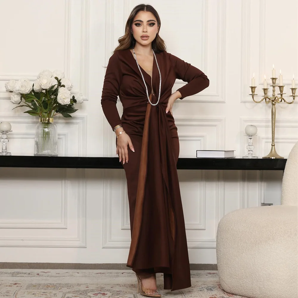 

Customized Charming V-Neck Long Sleeve Prom Gown Sexy Straight Solid Color Pleat Evening Dresses For Women فساتين الس