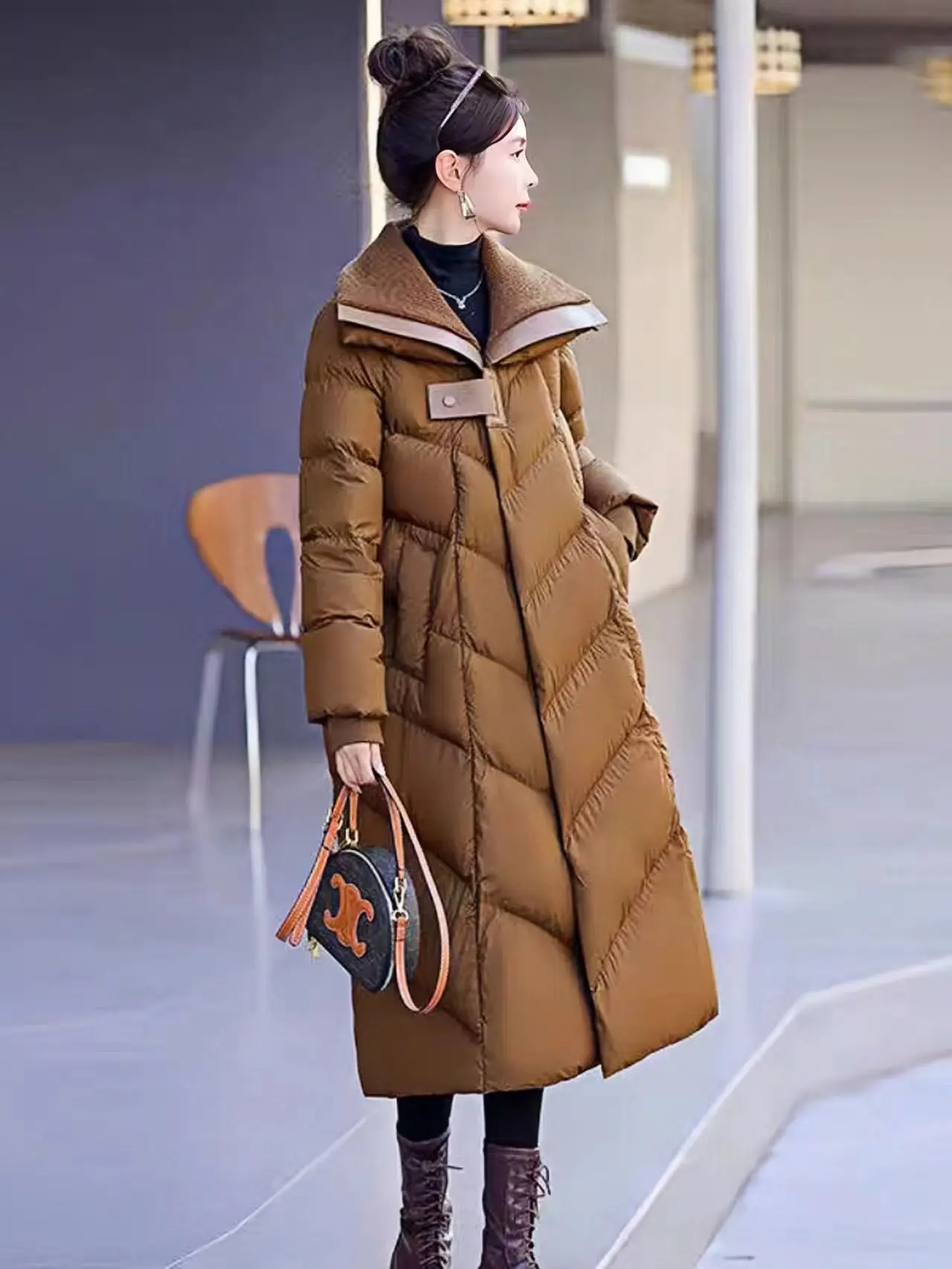 Women's Knitted Collar Patchwork Leather Down Jacket, European Long, Thick, Large Quilt, White Duck Down Jacket, Women's Winter