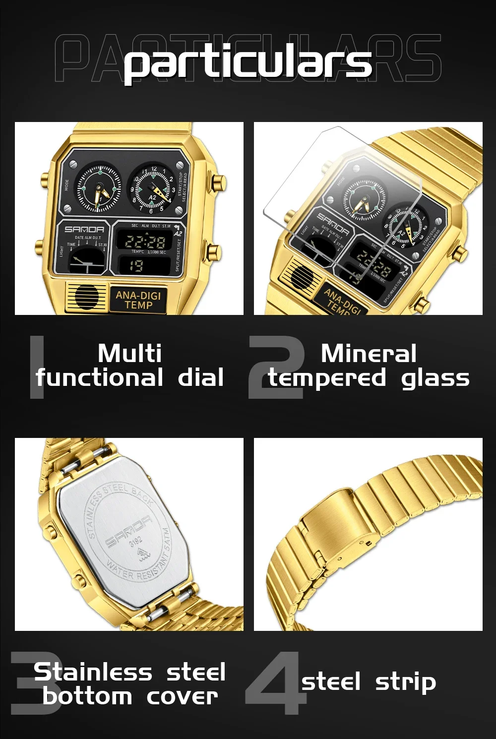 SANDA 3192 Quadratische elektronische Uhr für junge Männer, lässige multifunktionale Armbanduhr mit Thermometer, Stoppuhr, Chronograph – Detail 17