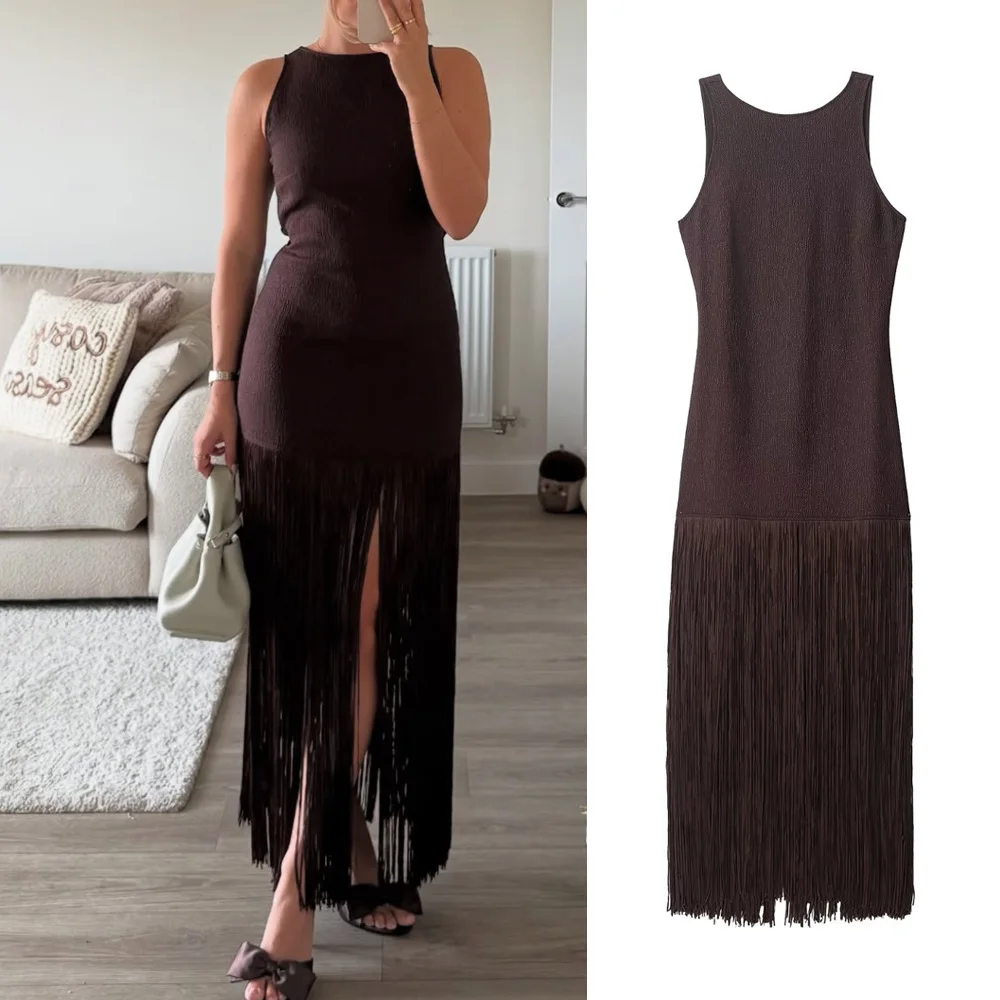 

Female Clothing Women's Dress Elegant Party Dresses Women's Retro Slim Fit Sleeveless Tassel Dress Sexy Backless Long Dress Robe