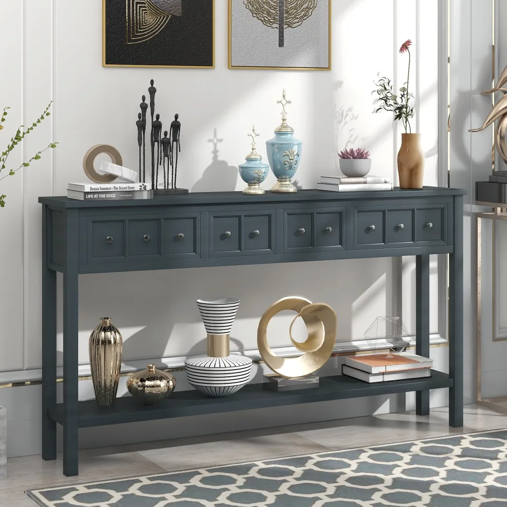 

60" Long Sofa Table with two Different Size Drawers and Bottom Shelf for Storage (Navy), Console Tables