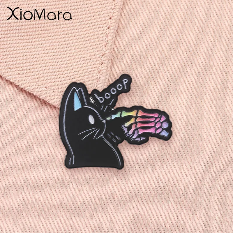 Cartoon Boop Black Cat Enamel Pin Gothic Rainbow Gradient Skeleton Hand Halloween Spooky Cute Brooches Jewelry Gifts for Friends