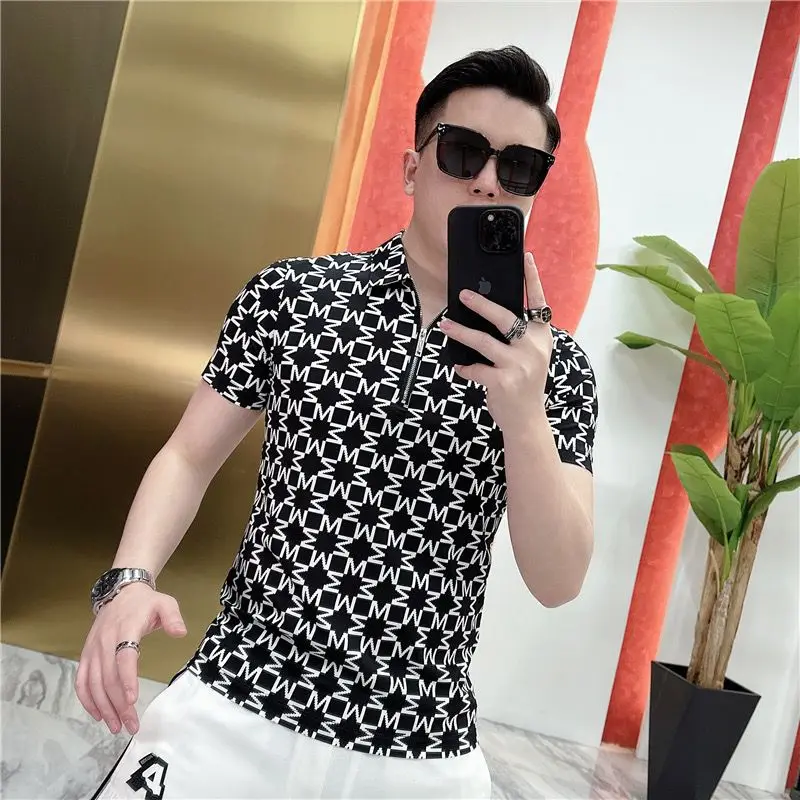 Summer New Fashion Loose Casual Versatile Printed Half Zipper Short Sleeved Polo Shirt Men Lapel Korean Vintage Thin Top 2024