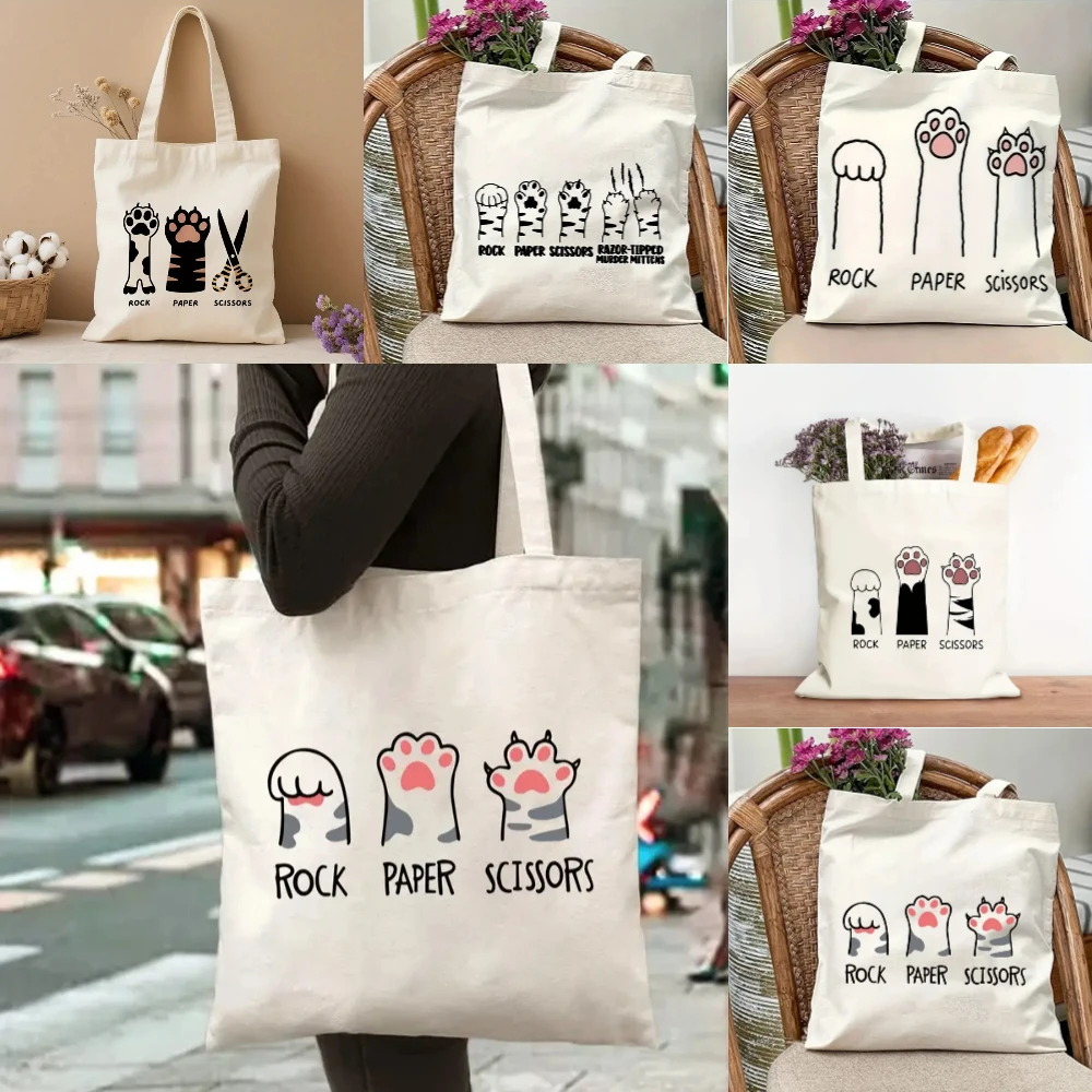 

1 шт., холщовая большая сумка с рисунком кошачьей лапы, бумажные ножницы, прочная, удобная сумка для женщин, для покупок и работы, для ежедневного использования