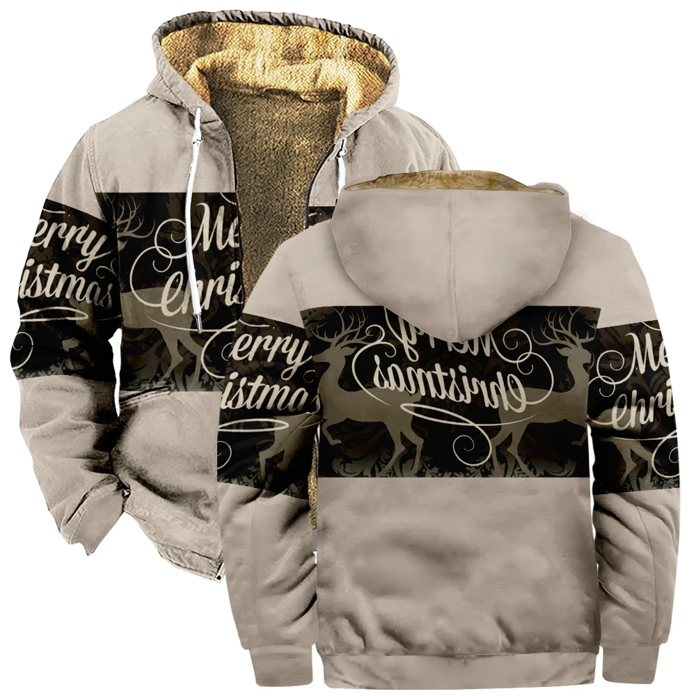 Men's Zipper Hoodie Christmas 3D Graphic Print Long Sleeve Jacket Women Winter Coat Funny Outerwear