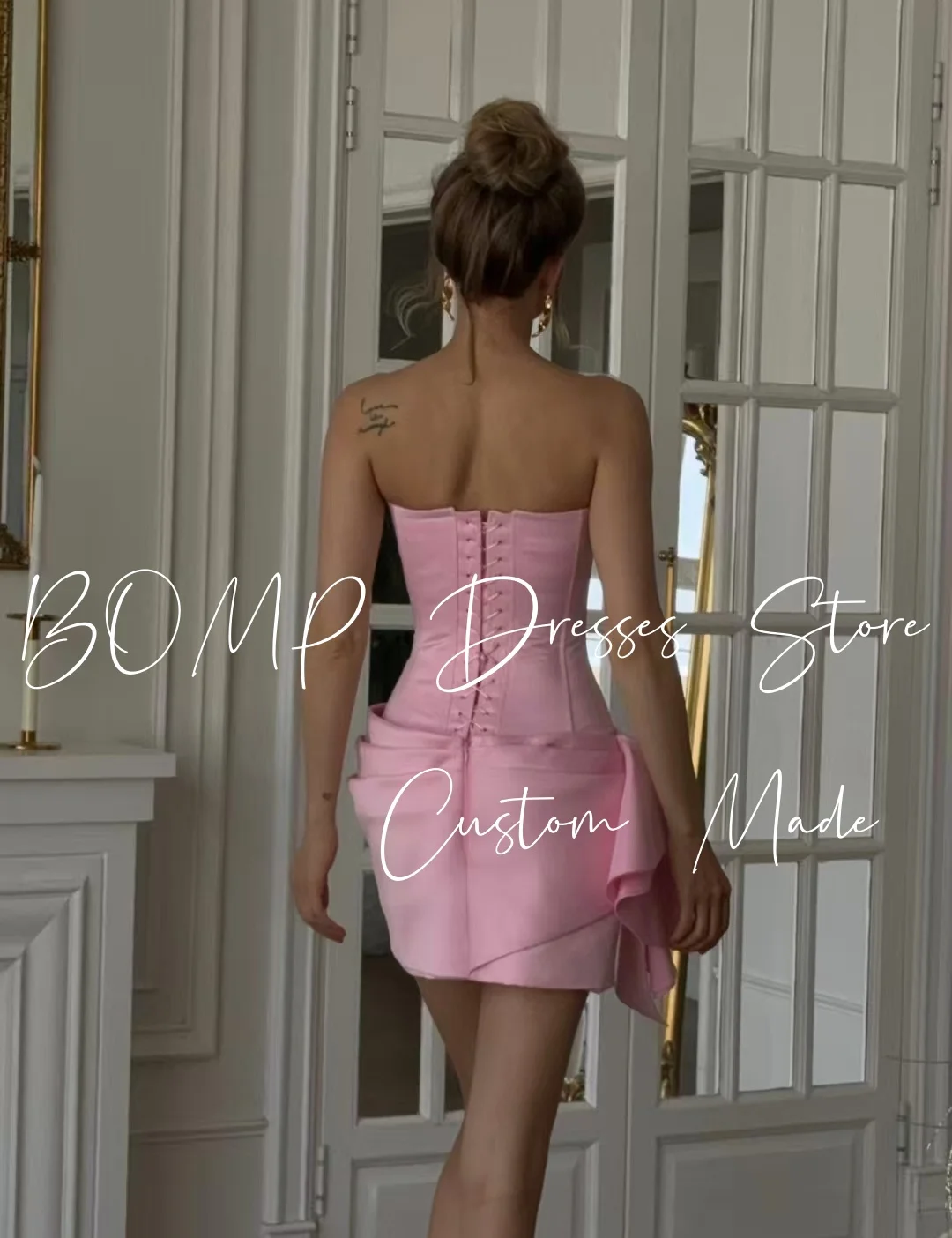 BOMP Elegante abito corto da cerimonia nuziale rosa con corsetto senza spalline drappeggiato tubino in raso per occasioni speciali abiti da ballo personalizzati semplici