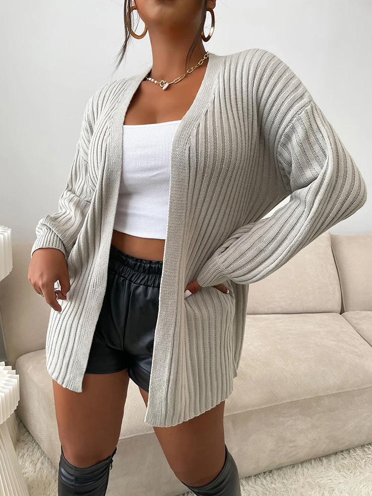 Onelink Light Grey Quater Brioche Stitch Long Sleeve Plus Size Women Open Cardigan Sweater Oversize Clothing Autumn Winter 2022