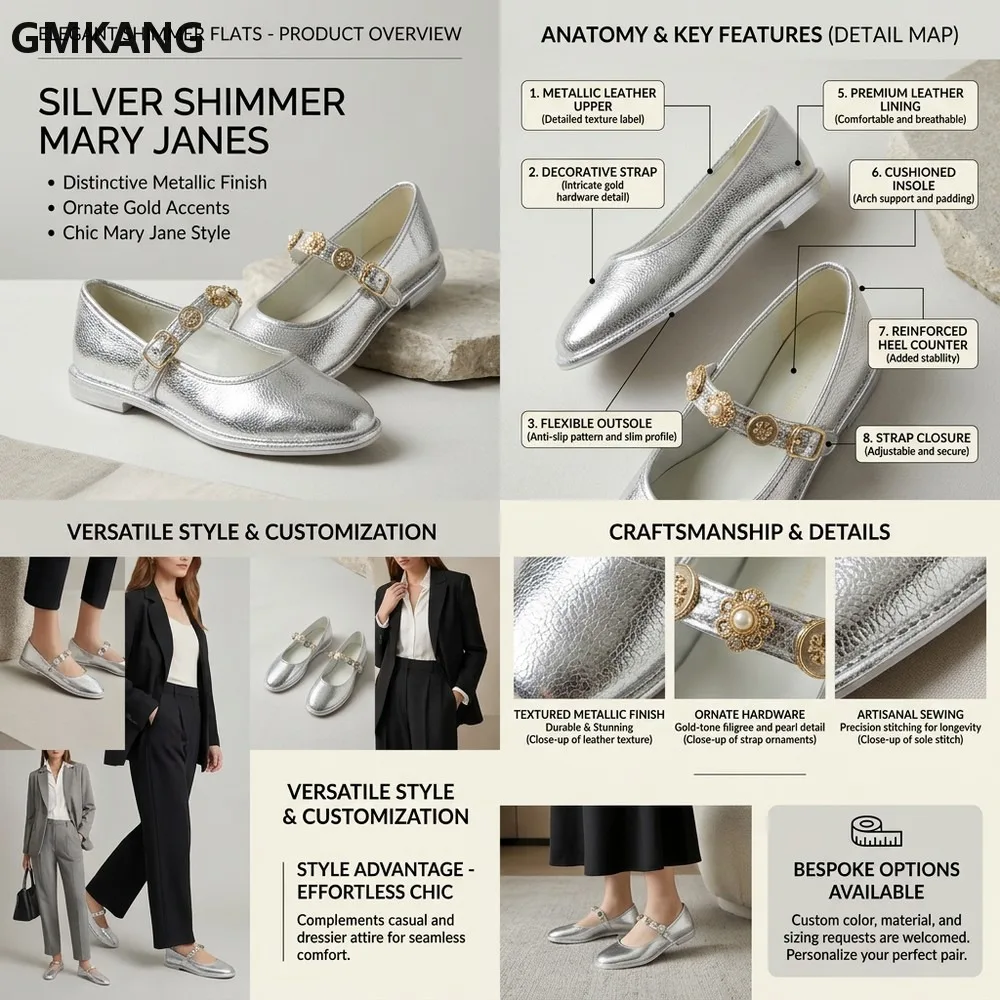 Women Metallic Leather Mary Jane Flats Round Toe Metal Floral Strap Comfortable Daily Office Walking Ballet Shoes GMKANG