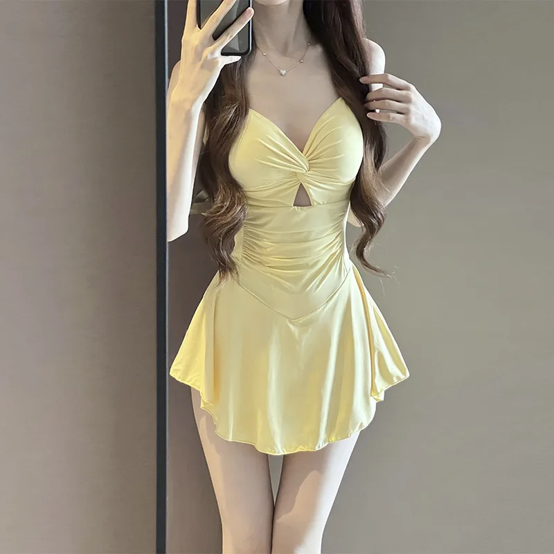 Women Korean Elegant One Piece Swimsuit Tummy Control High Waisted Bathing Suit For Hot Spring
