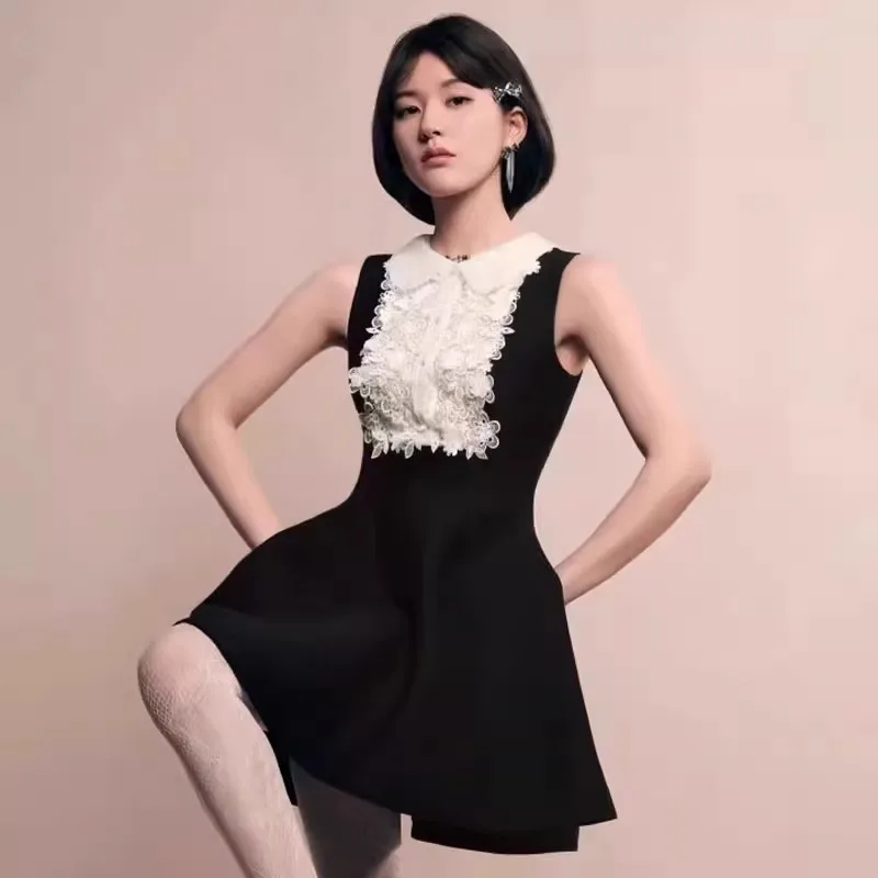 

Solid Lace Patchwork A Line Dresses Spring Women Sleeveless Lapel Slim Dress Summer High Waist Zipper Black Big Swing Mini Dress
