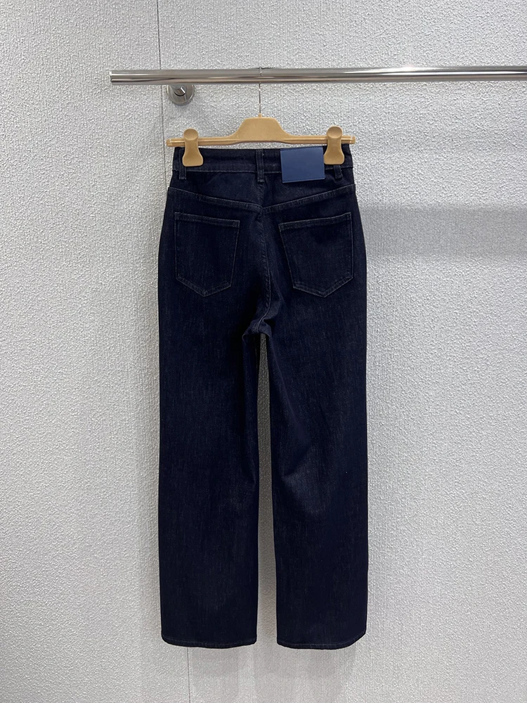 Jeans casual da donna blu navy moda primavera e autunno, nuovi jeans lavorati a maglia tinta unita a gamba dritta