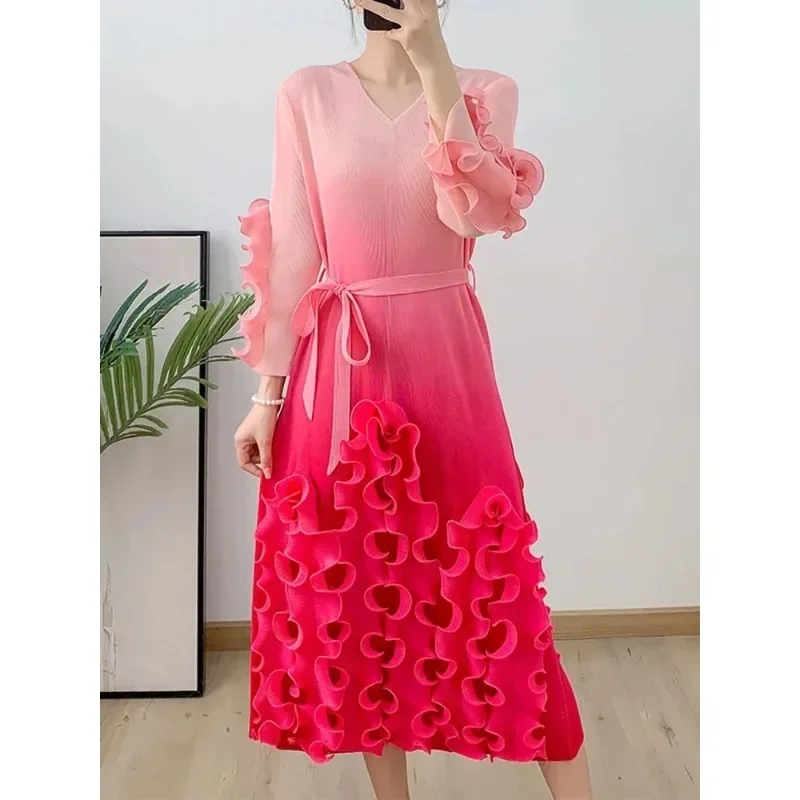 ALSEY Belt Pleated Gradient Dress Women V-neck Long Sleeves Lace-up Gathered Waist Ruffles Dresses 2024 Summer New Party