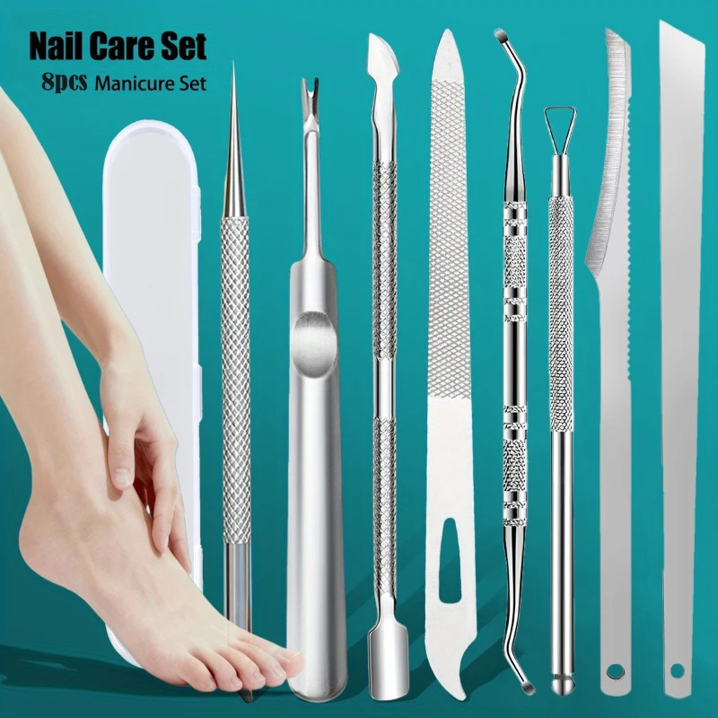 8pcs Cuticle Tool Set, Includes Cuticle Fork, Blackhead Extractor, Cuticle Pusher, Nail File, Cuticle Knife, Pedicure Knife