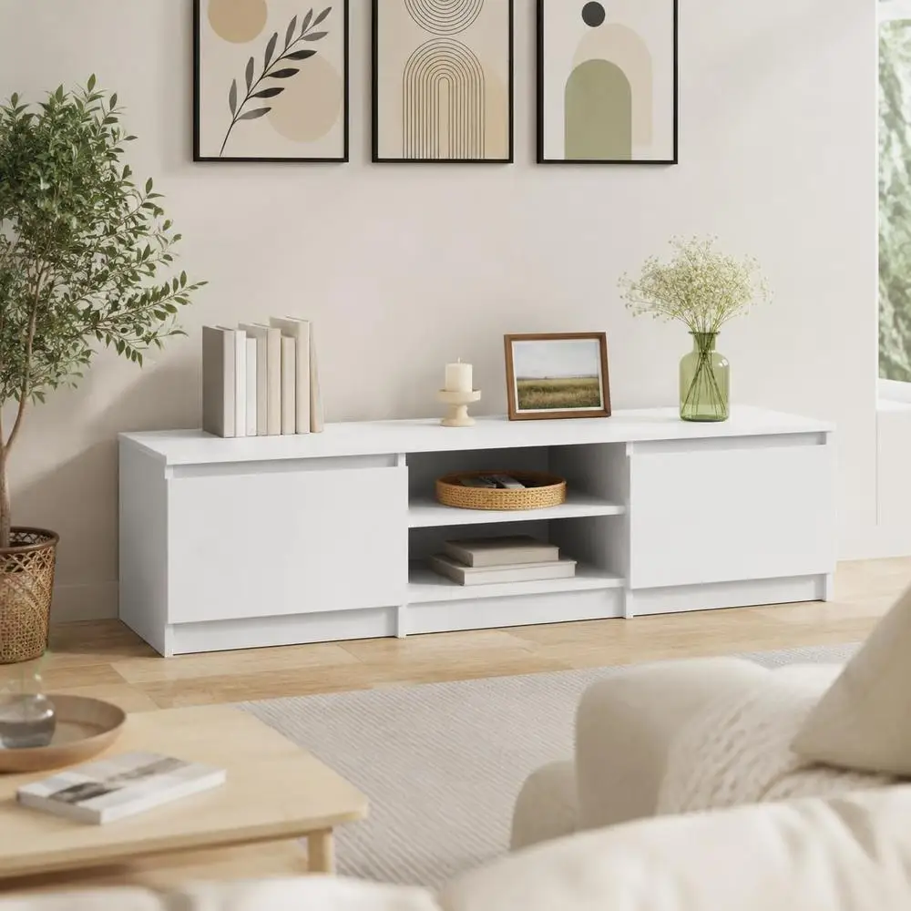 Mobile TV bianco, dimensioni 140×40×35,5 cm, realizzato in materiale a base di legno.