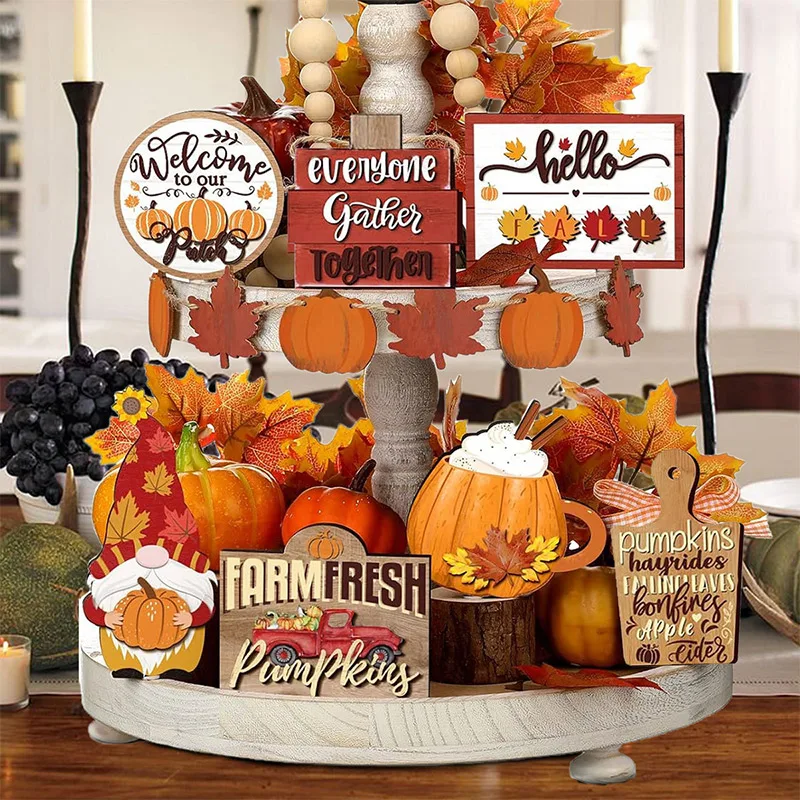 Fall Harvest Wooden Tiered Tray Decor Thanksgiving Desktop Decoration Centerpieces With Pumpkin Spice And Maple Leaf Accents