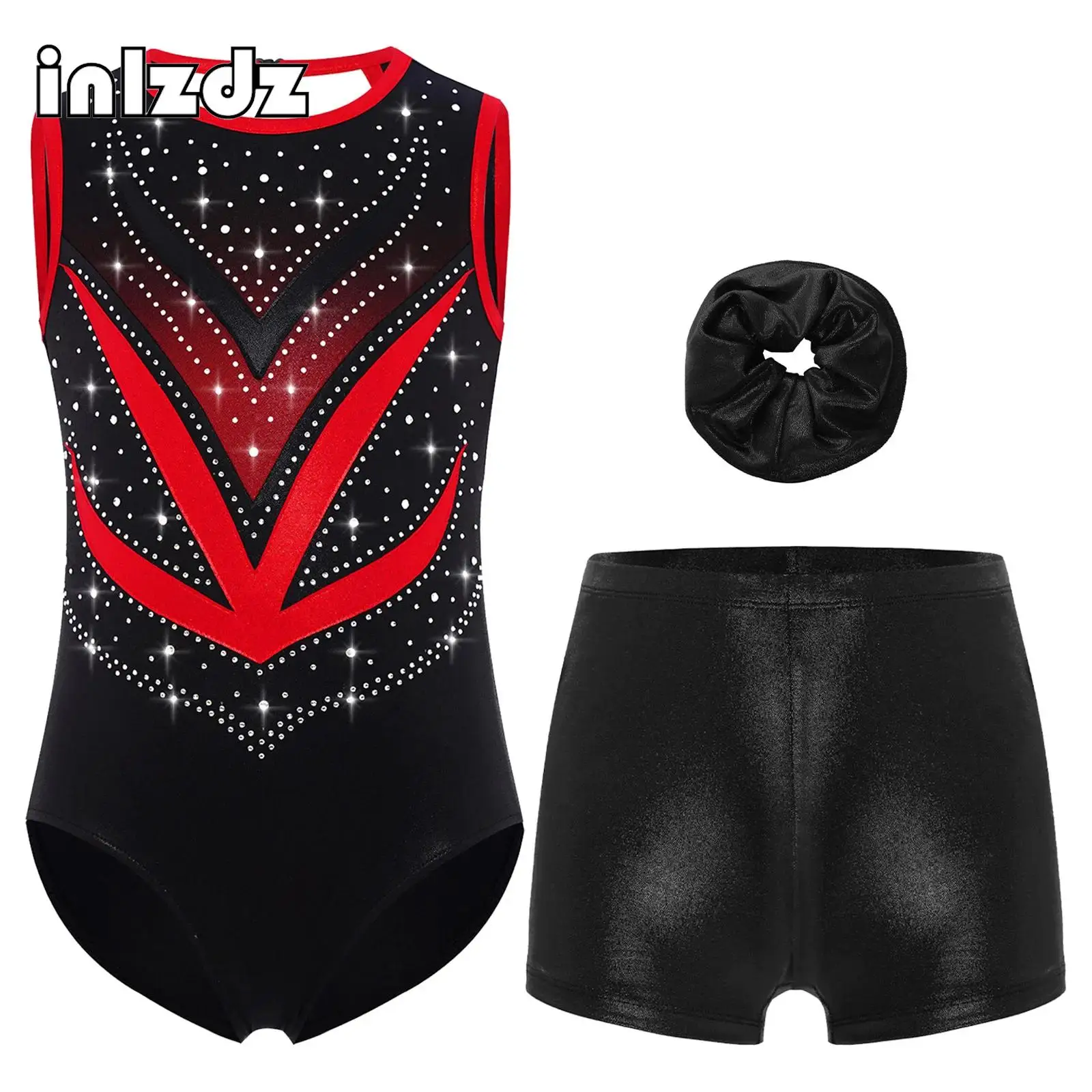 

Kids Girls Gymnastics Leotard Set Sleeveless Crisscross Cutout Back Mesh Shiny Rhinestones Bodysuit with Shorts and Hairband