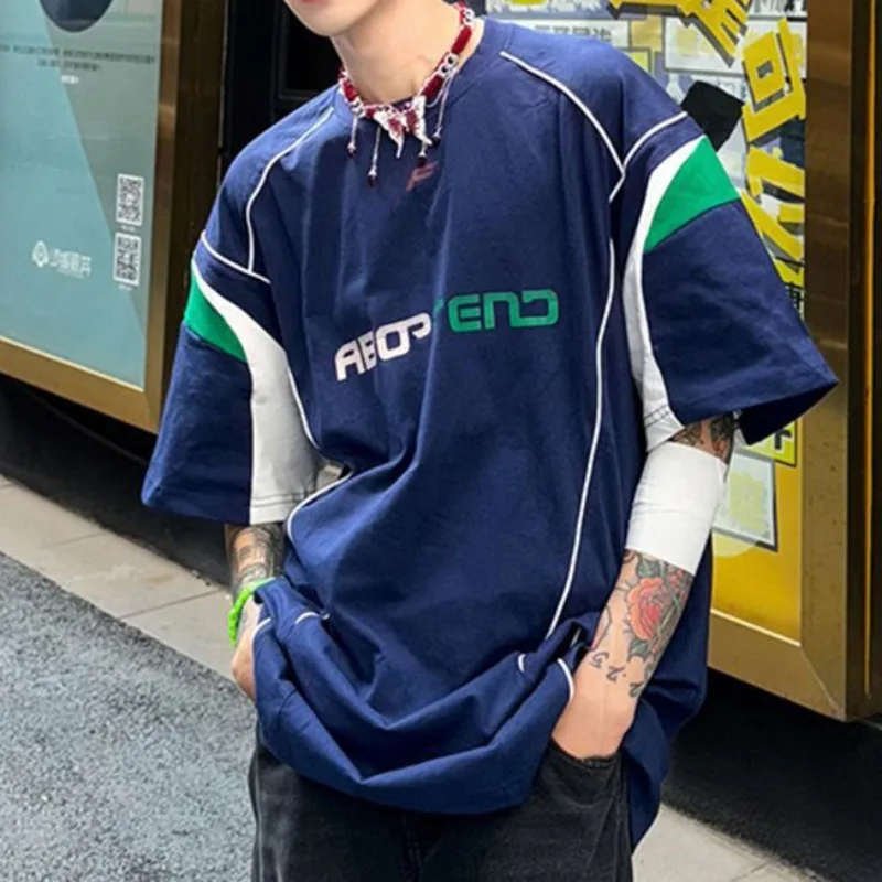 Hong Kong Style Retro Sports Jersey Patchwork Short Sleeved T-shirt for Men's Summer New Versatile