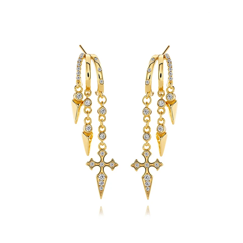 Luxury Stylish 925 Sterling Silver Zircon Gold Plated Dangle Cross Shape Geometric Drop Earrings Jewellery Women Daily Wear