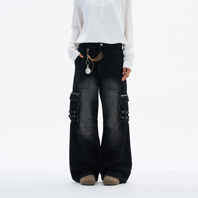 Men's American Style Multi-Pocket Denim Pants New Trendy Functional Overalls High Street Male Straight Denim Pants