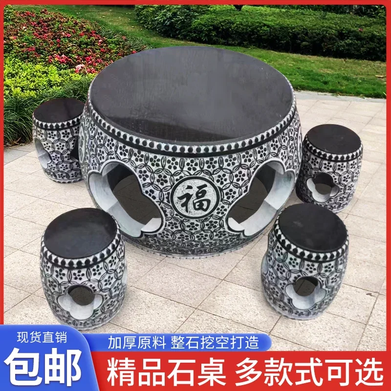 

Custom stone table bench courtyard garden home outdoor villa antique round table natural