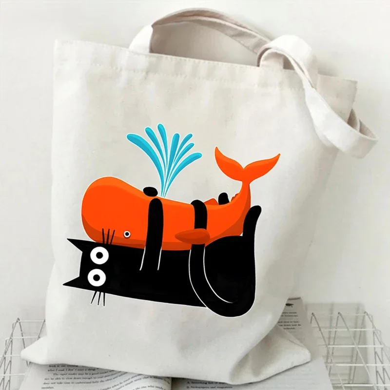 

Сумка-тоут в японском стиле с рисунком черных кошек для женщин и мужчин, холщовая сумка на плечо с героями мультфильмов для путешествий, повседневные многоразовые сумки для поездок на работу