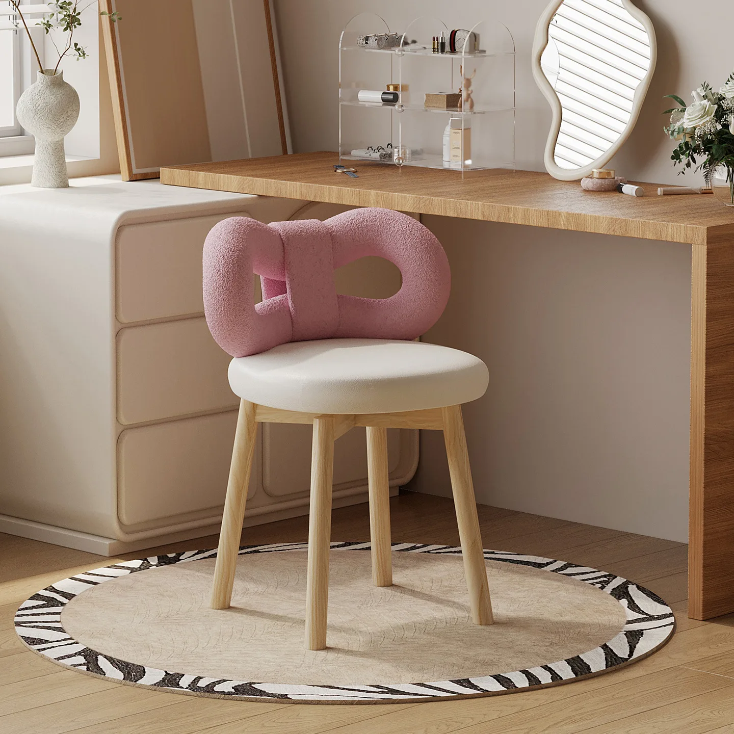Rotatable solid wood makeup stool girls bedroom dresser chair backrest makeup chair dressing stool