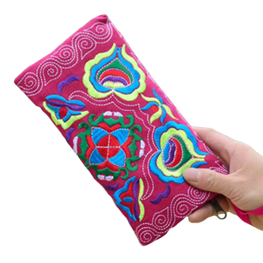 Women Clutch Bag Money Cash Holder Phone Storage Case Ethnic Handmade Embroidered Wristlet Handbag Zipper Purse Long Wallet