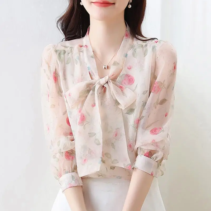 

Fashion Korean 2024 Spring Summer New Chiffon Blouses Stand Collar Ruffles Drawstring Printed Ruched Long Sleeve Women's Shirts